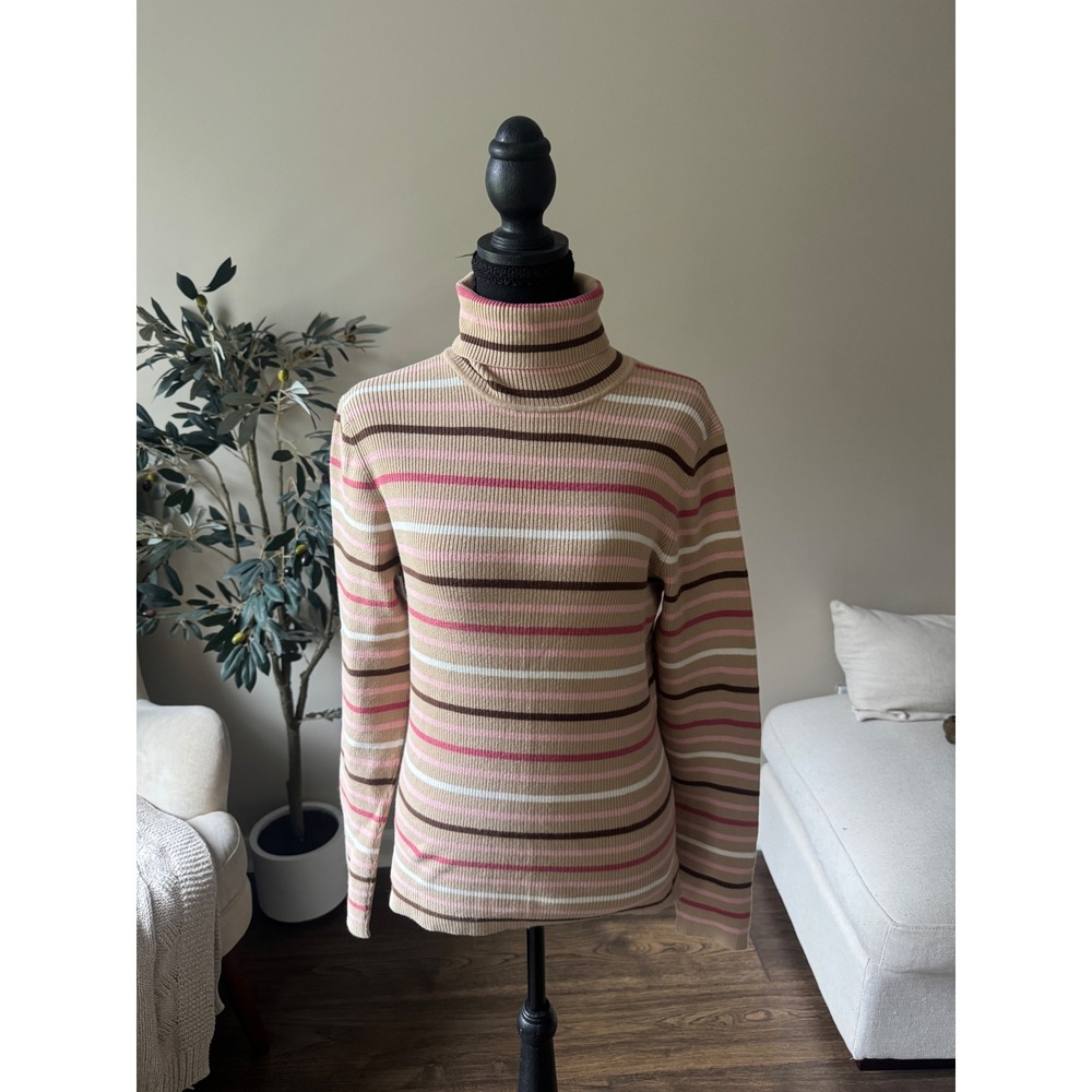 Old Navy Perfect Fit Stretch Turtleneck Sweater Large Tan Pink Brown Striped Rib